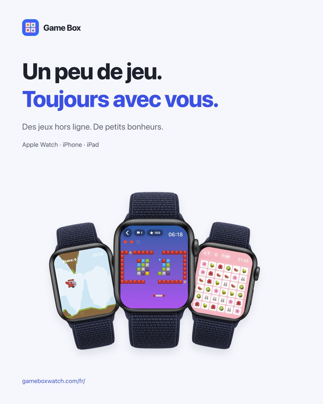Visuel Game Box avec de véritables captures de jeux sur Apple Watch