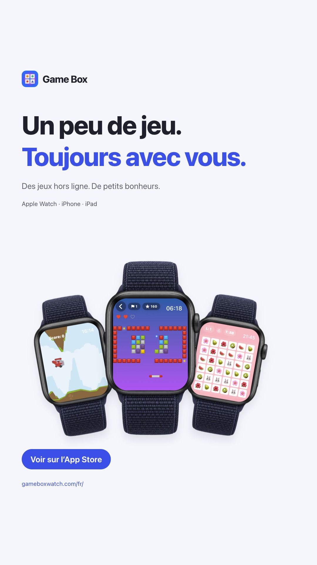 Visuel Game Box avec de véritables captures de jeux sur Apple Watch